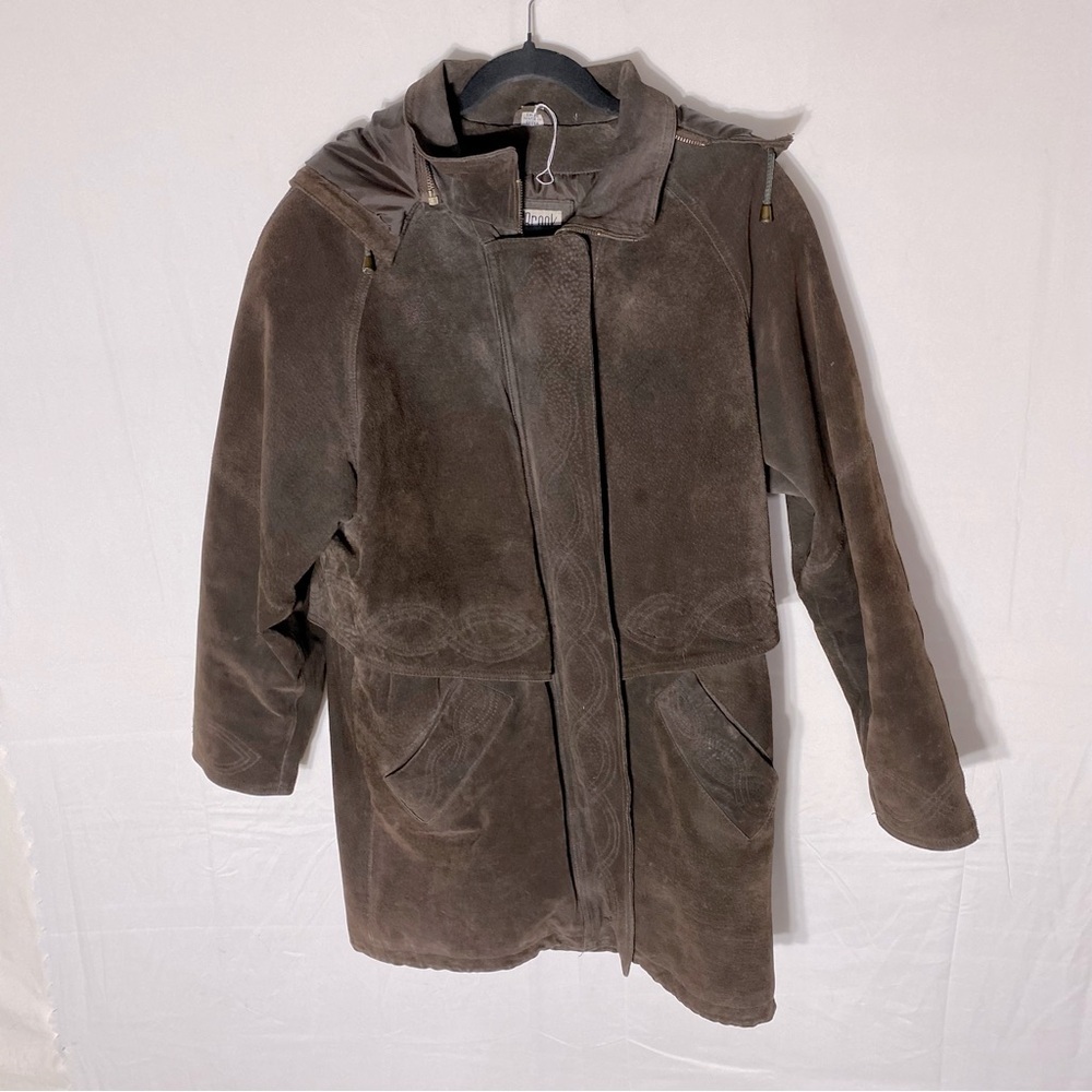 Vintage 90s Outlook Brown Suede Leather Coat With Drawstring Waist M - Picture 1 of 16